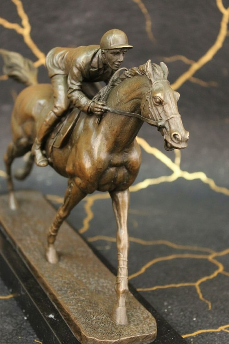 Art Deco Thoroughbred Jockey Bronze Sculpture Horse Racing Statue Figure - 7