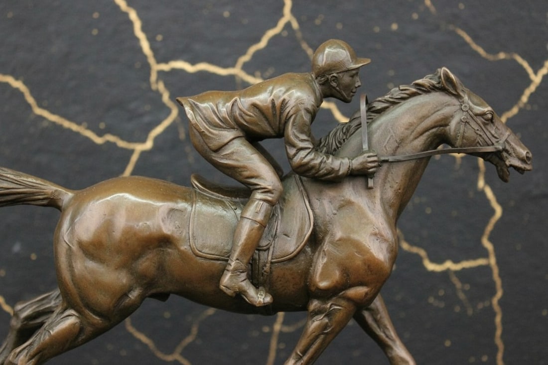 Art Deco Thoroughbred Jockey Bronze Sculpture Horse Racing Statue Figure - 8
