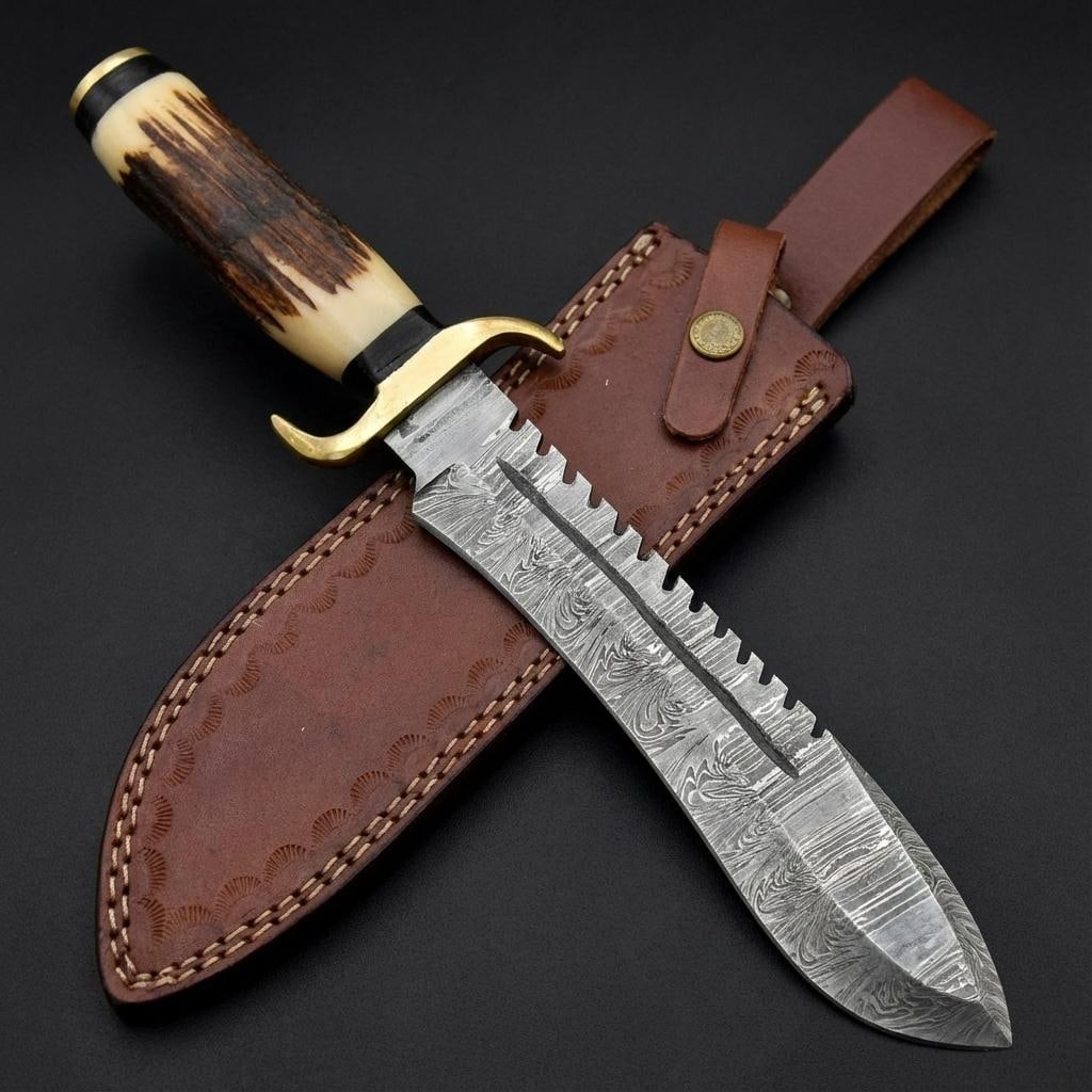 Hand Forged Damascus Steel Bowie Knife | Hunting and Survival | Bone and Wood Handle - 2