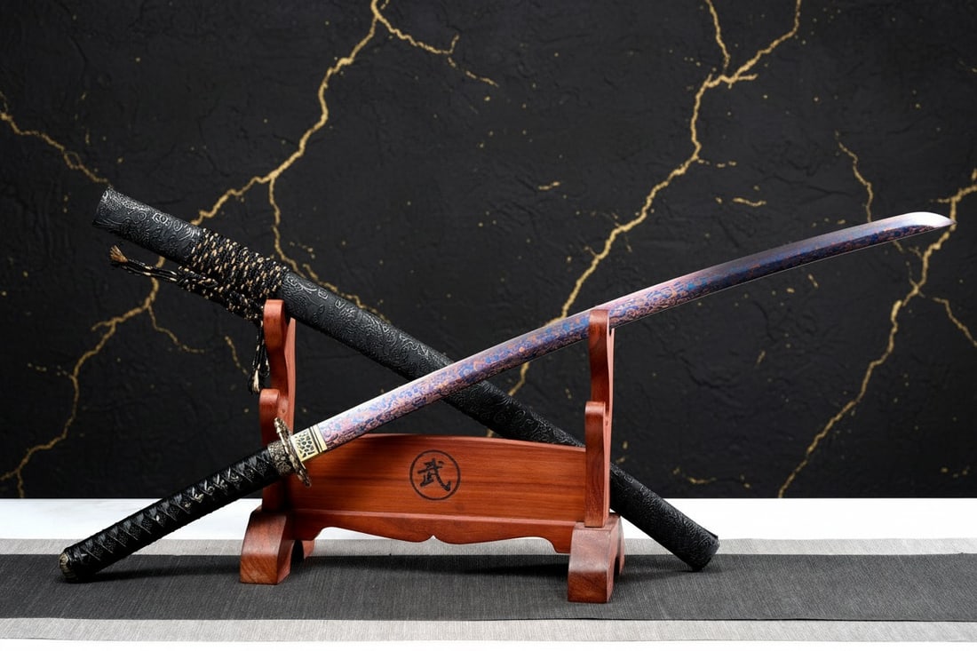 Hand-Forged 1095 Damascus Steel Samurai Katana Folded Blade Dragon Motif: Title:Hand-Forged 1095 Damascus Steel Samurai Katana Folded Blade Dragon Motif Description:This Japanese samurai katana is a handmade, battle-ready sword featuring a dragon-themed brass fitting design