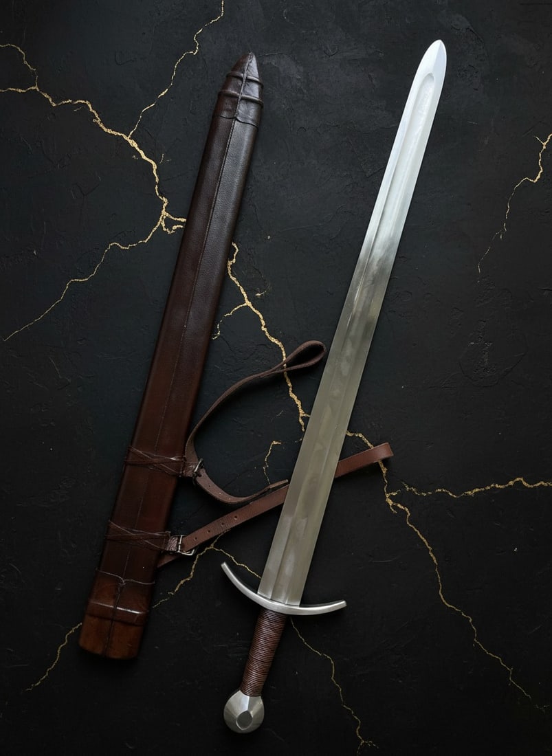 Blunt Steel Longsword for HEMA Training and Stage Combat with Leather Sheath: Title:Blunt Steel Longsword for HEMA Training and Stage Combat with Leather Sheath Description:This HEMA-style longsword is a well-crafted piece featuring a blunt steel blade, making it an excellent