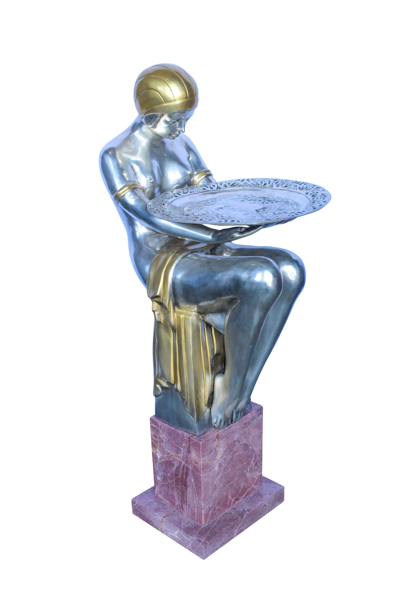 Art Deco Female Figure Rare Sculptural and a Pedestal 20" x 16" x 48"H: Title:Art Deco Female Figure Rare Sculptural and a Pedestal 20" x 16" x 48"H Description:Experience the elegance of Art Deco with this rare sculptural female figure, accompanied by a pedestal. Handcra