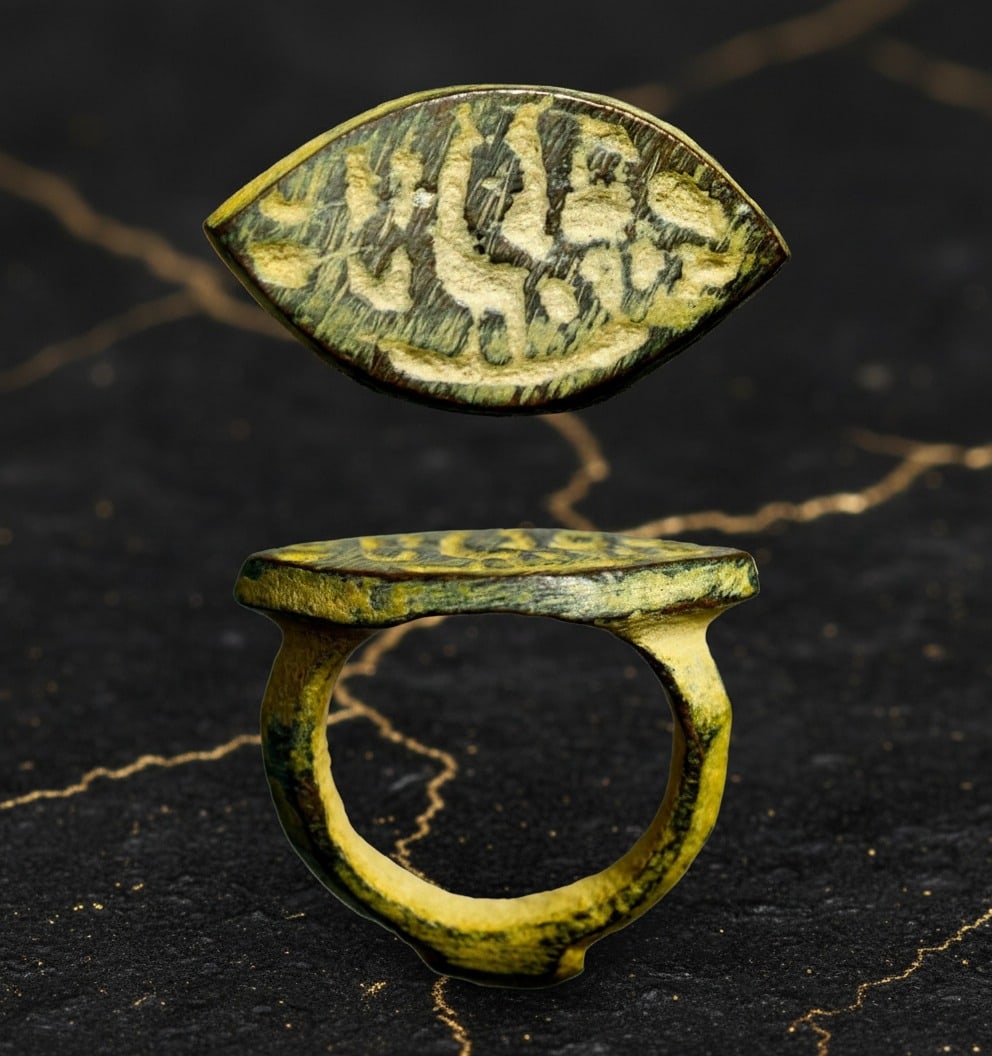 Antique Bronze Eye Amulet Ring Egyptian Protective Apotropaic Size 1: Title:Antique Bronze Eye Amulet Ring Egyptian Protective Apotropaic Size 1 Description:This ancient Egyptian bronze ring features a raised oval bezel engraved with a stylized protective eye motif, rem