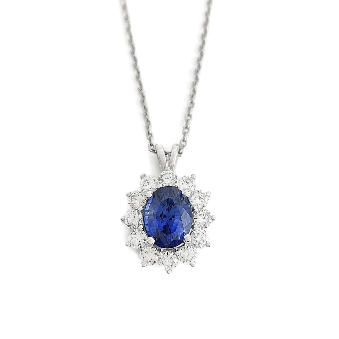 Oval Blue Sapphire Diamond Halo Pendant Necklace 14K White Gold, 5.68 CTW: Oval Blue Sapphire Diamond Halo Pendant Necklace 14K White Gold, 5.68 CTW This is a beautiful and unique necklace. Please let us know if you have any questions :) Gemstones: 1 oval blue Ceylon sapphir