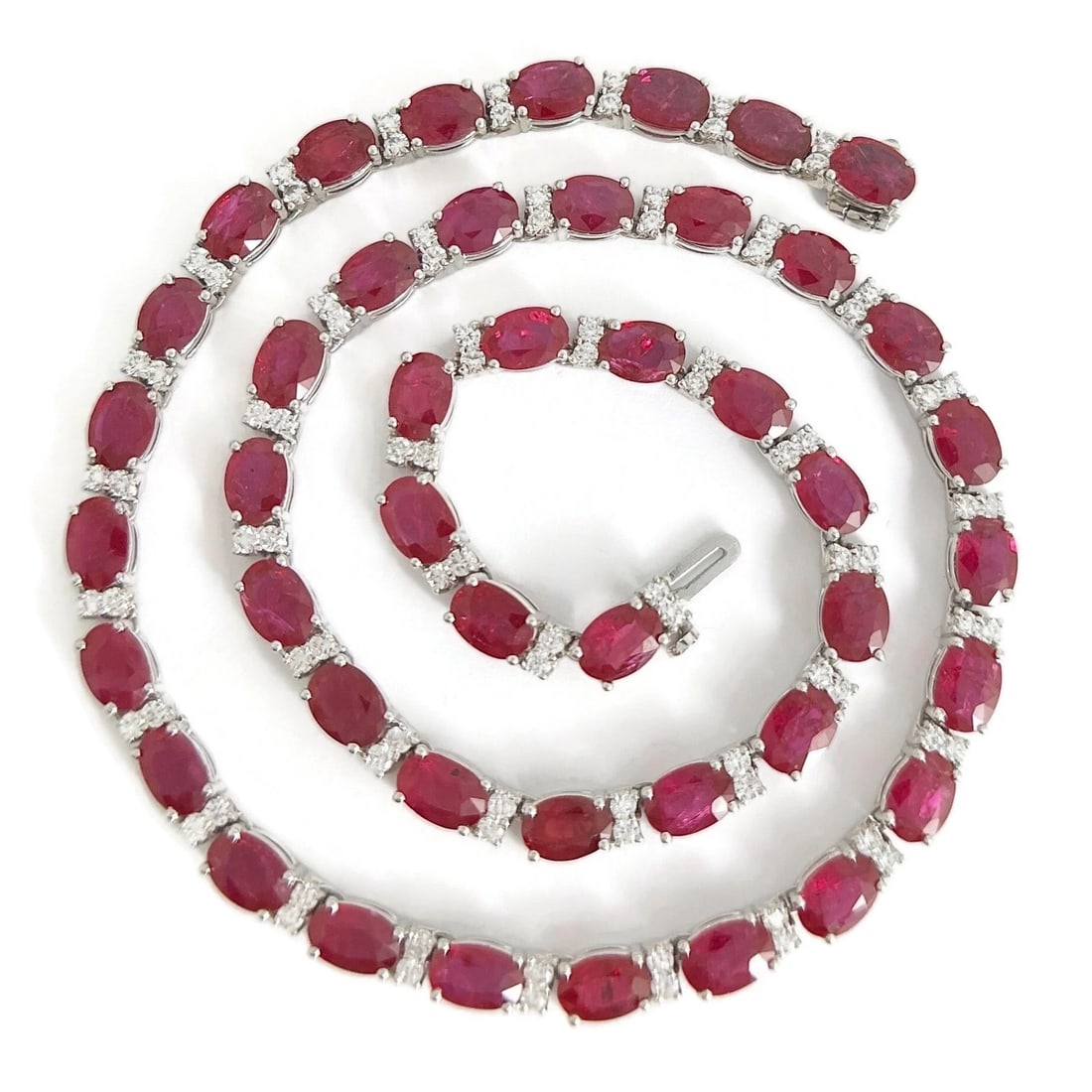 Oval Ruby Diamond Gemstone Tennis Necklace 14K White Gold, 43.26 CTW (1 of 6)