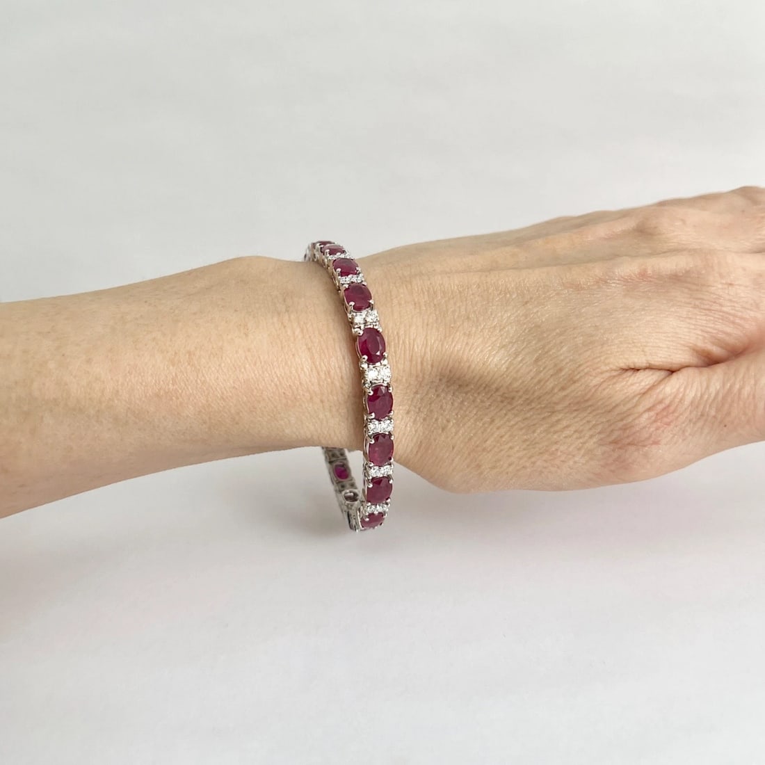 Oval Ruby Diamond Gemstone Tennis Bracelet 14K White Gold, 18.37 CTW - 4