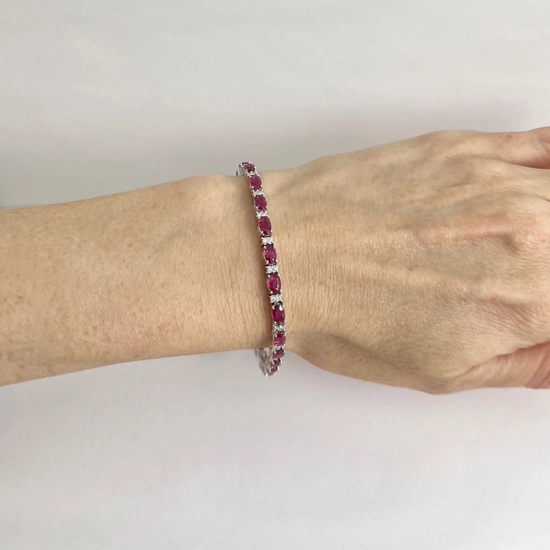 Oval Ruby Diamond Gemstone Tennis Bracelet 14K White Gold, 7.20 CTW - 3