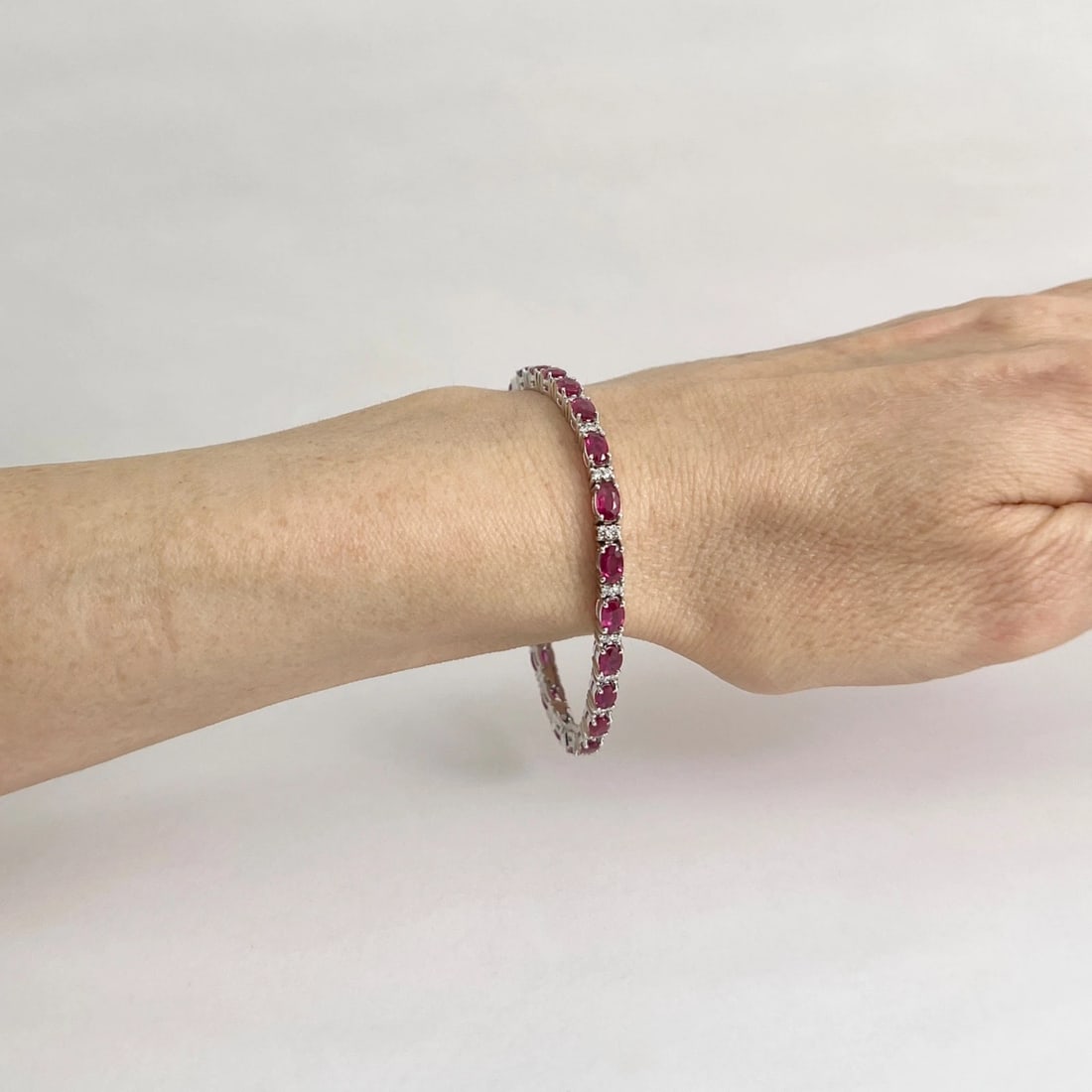 Oval Ruby Diamond Gemstone Tennis Bracelet 14K White Gold, 7.20 CTW - 4