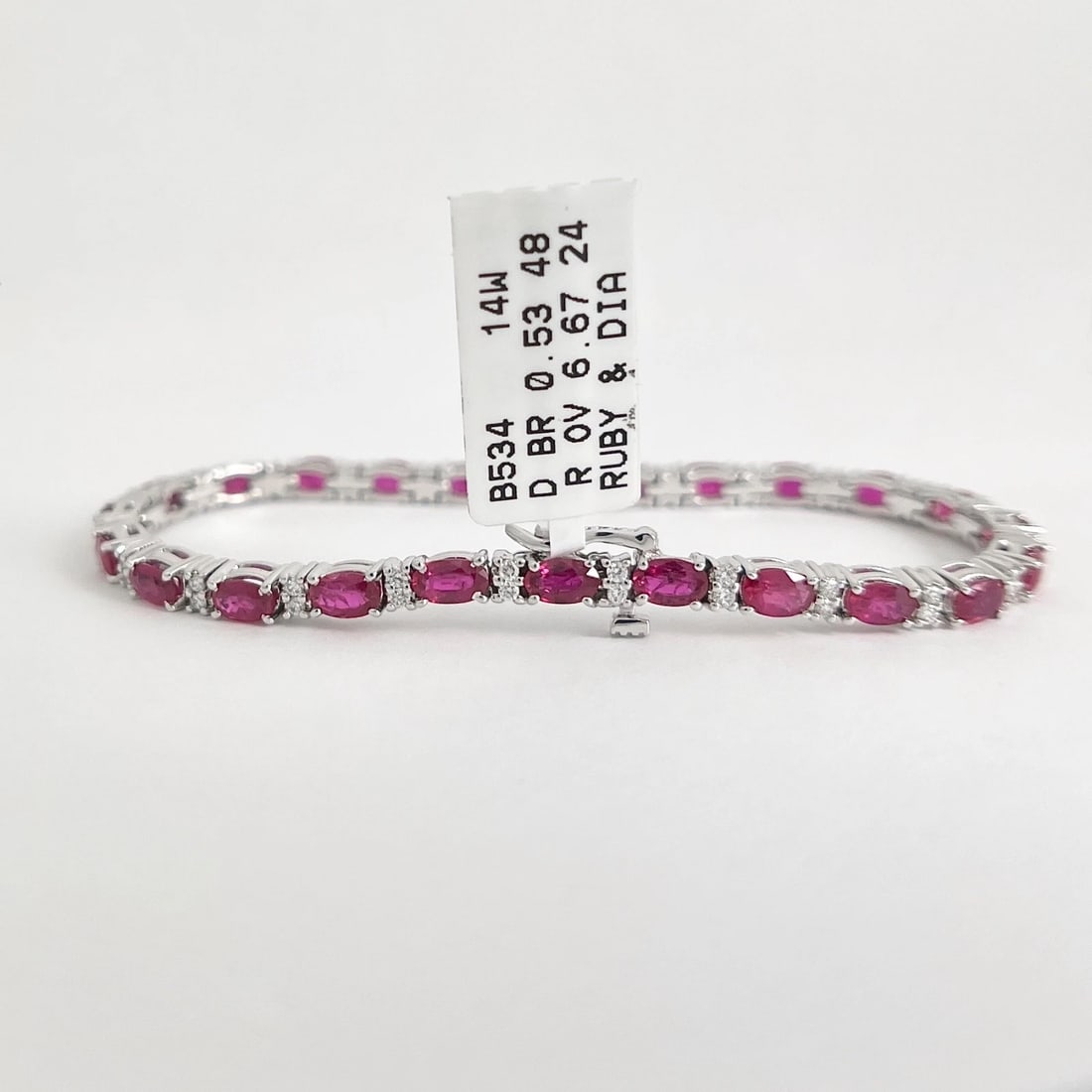 Oval Ruby Diamond Gemstone Tennis Bracelet 14K White Gold, 7.20 CTW - 5