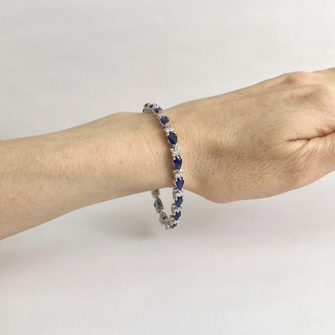 Pear Blue Sapphire Diamond Gemstone Tennis Bracelet 14K White Gold, 9.39 CTW - 4