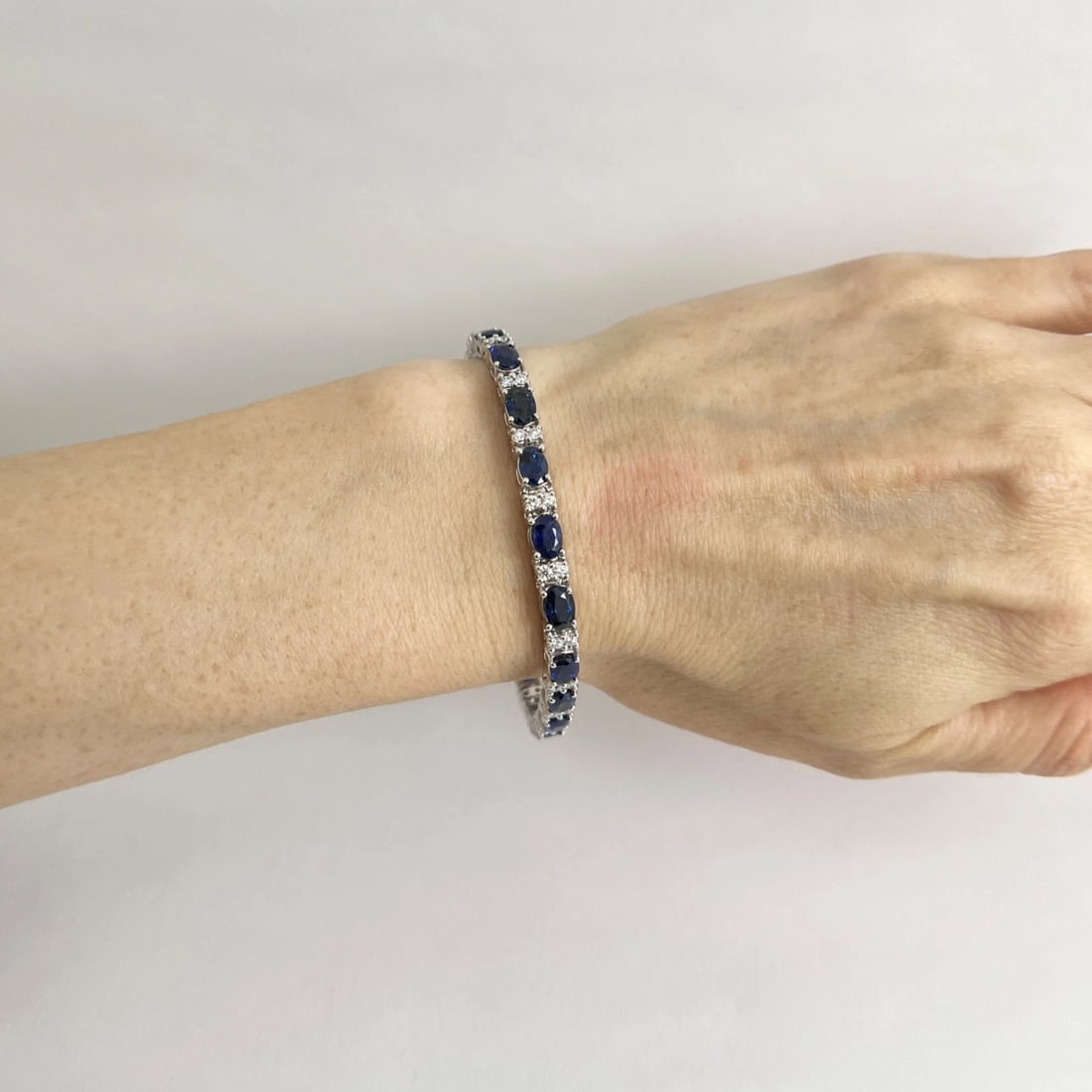 Oval Blue Sapphire Diamond Gemstone Tennis Bracelet 14K White Gold, 12.14 CTW - 3