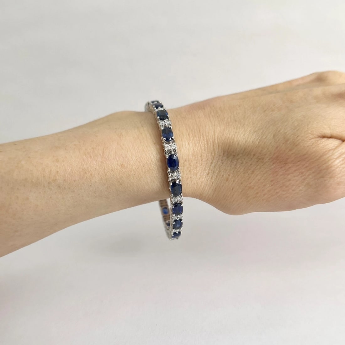 Oval Blue Sapphire Diamond Gemstone Tennis Bracelet 14K White Gold, 12.14 CTW - 4