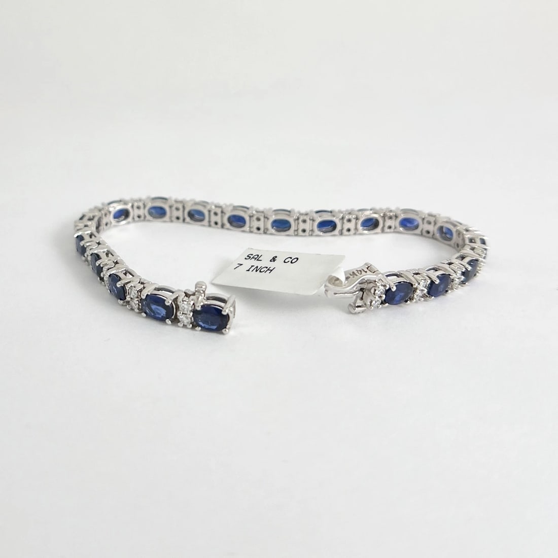 Oval Blue Sapphire Diamond Gemstone Tennis Bracelet 14K White Gold, 12.14 CTW - 6