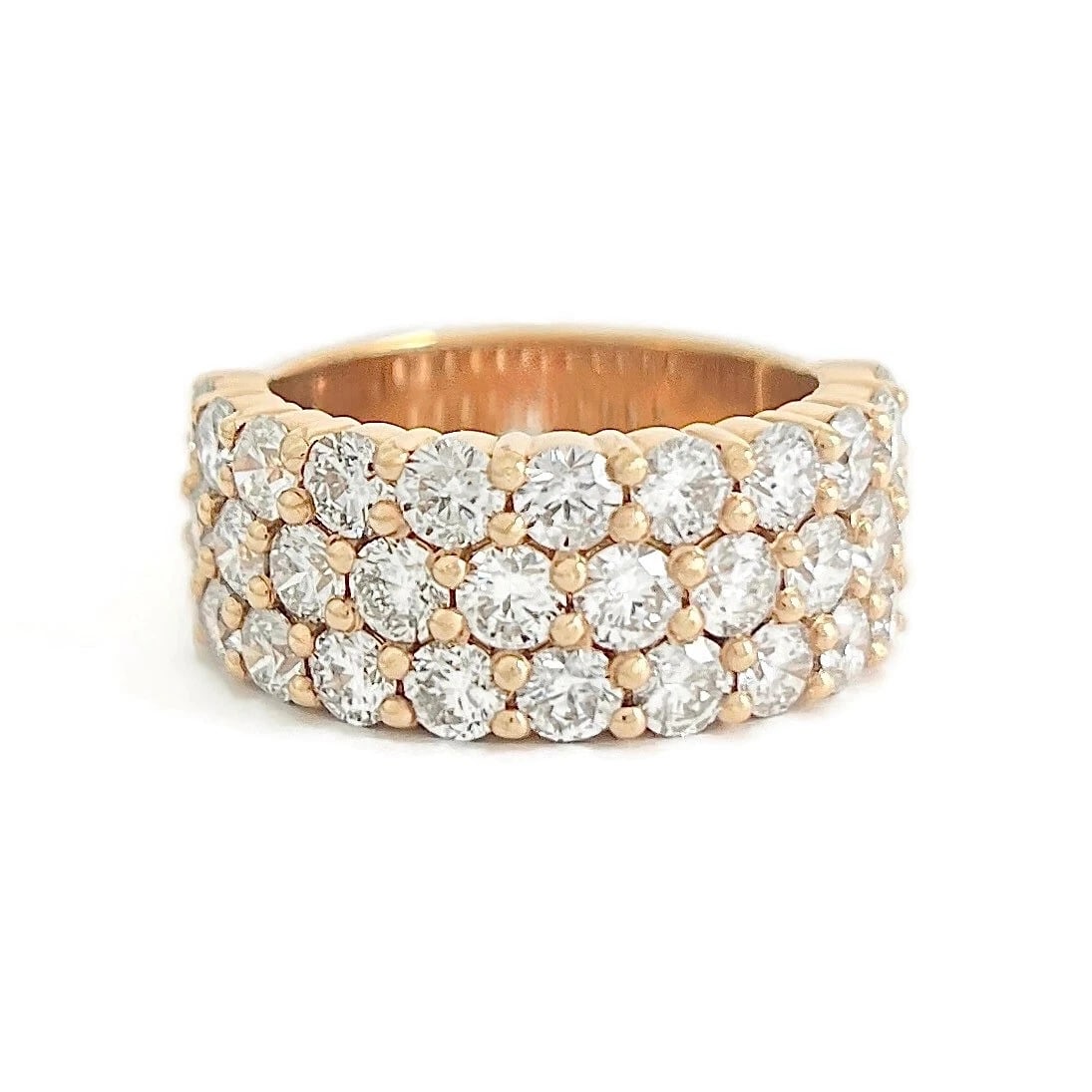 Wide 3-Row Pave Diamond Band Statement Ring 14K Pink Rose Gold, 3.57 CTW: Wide 3-Row Pave Diamond Band Statement Ring 14K Pink Rose Gold, 3.57 CTW This is a beautiful and stunning statement ring! Don't hesitate to ask any questions! Diamonds: 34 round brilliant cuts 3.57