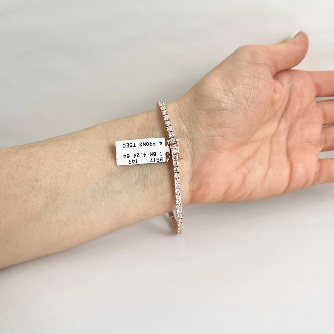 Round Diamond Tennis Bracelet 14K Pink Rose Gold, 7 Inches, 4.24 CTW - 5