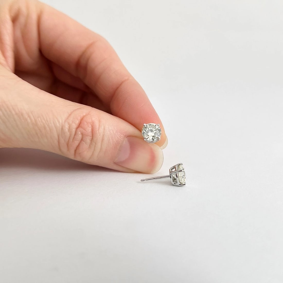 Round Diamond Stud Earrings 14K White Gold 4-Prong Basket, 1.71 CTW - 4