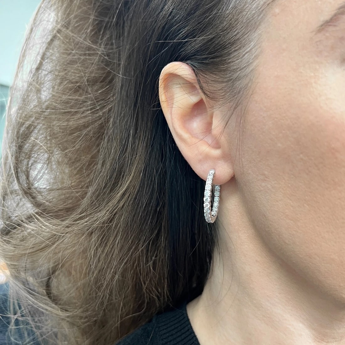 Inside-Out Diamond Hoop Earrings 14K White Gold, 1 Inch, 3.42 CTW - 2