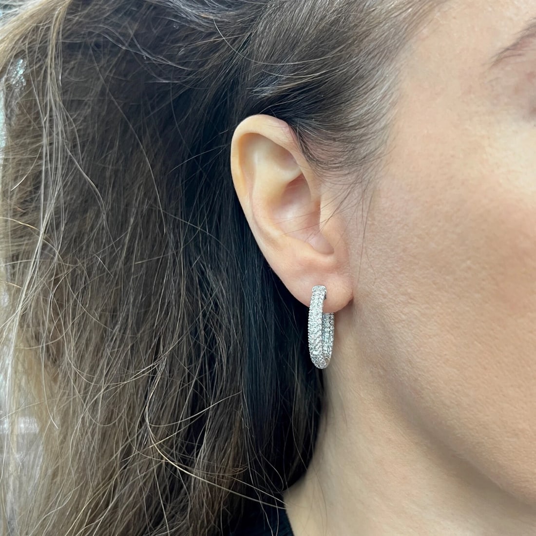 Pave Diamond Inside-Out Hoop Earrings 14K White Gold, 1 Inch, 2.65 CTW - 2