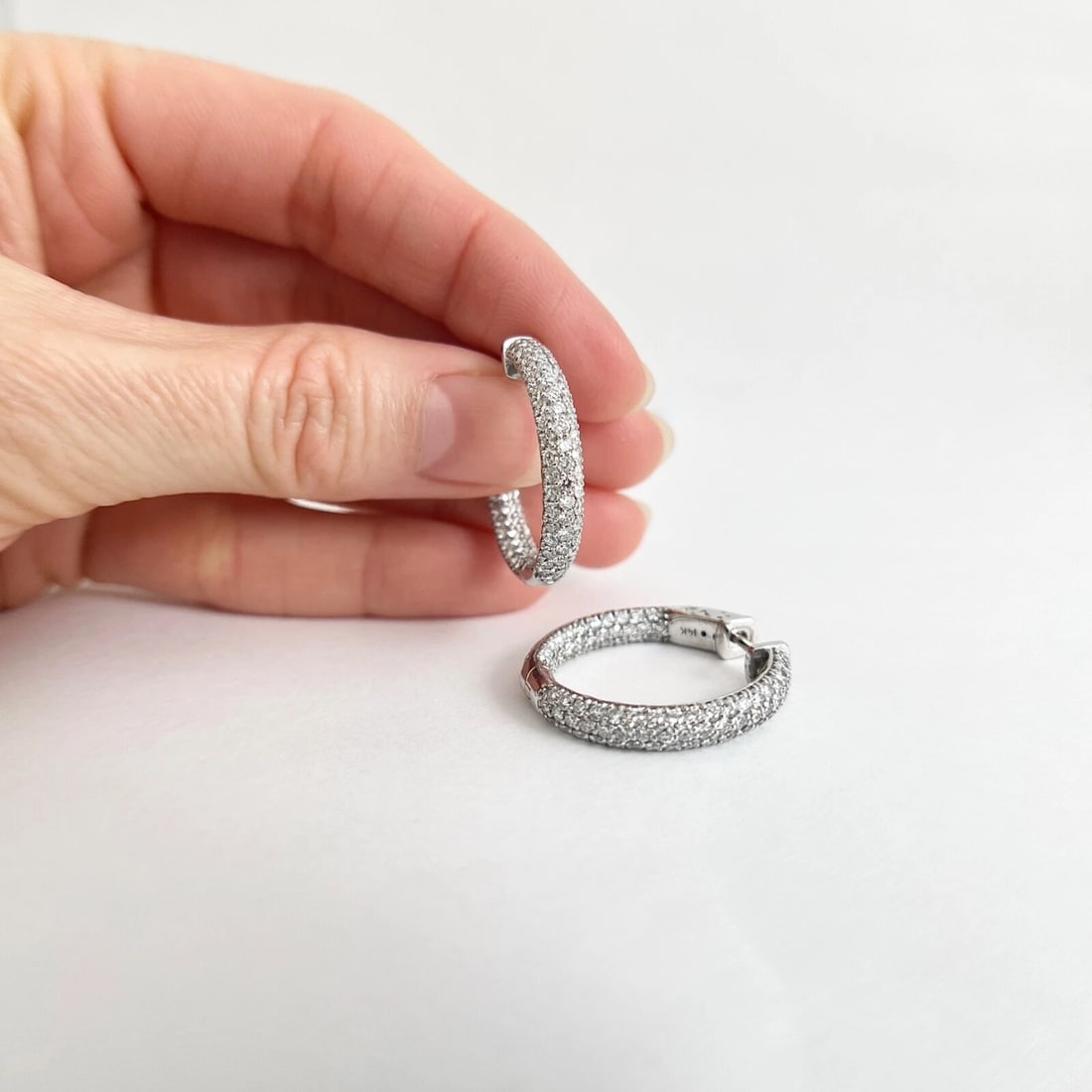 Pave Diamond Inside-Out Hoop Earrings 14K White Gold, 1 Inch, 2.65 CTW - 3