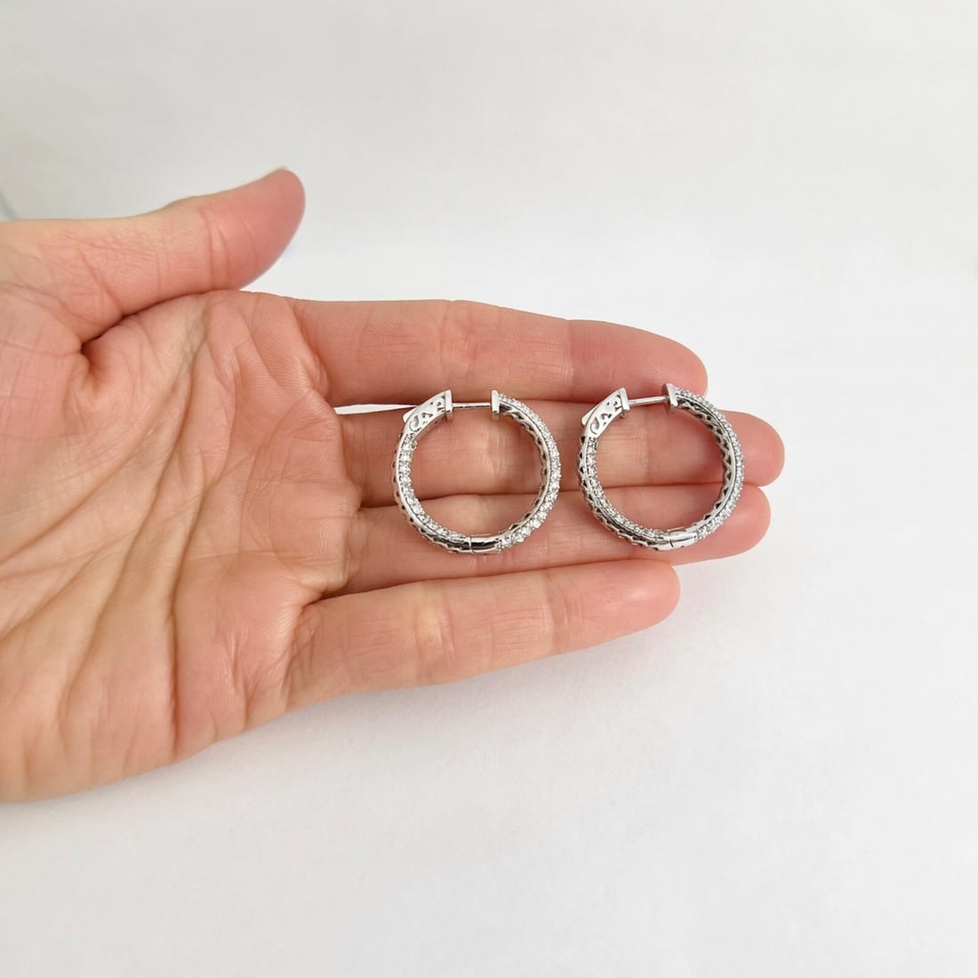 Pave Diamond Inside-Out Hoop Earrings 14K White Gold, 1 Inch, 2.65 CTW - 4