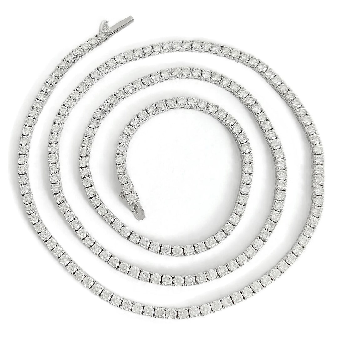 Long Round Diamond Tennis Necklace 14K White Gold, 22 Inches, 13.24 CTW: Long Round Diamond Tennis Necklace 14K White Gold, 22 Inches, 13.24 CTW This is a gorgeous necklace! Please let us know if you have any questions. Diamonds: 210 round brilliant cuts 13.24 ctw; G-H-I, 