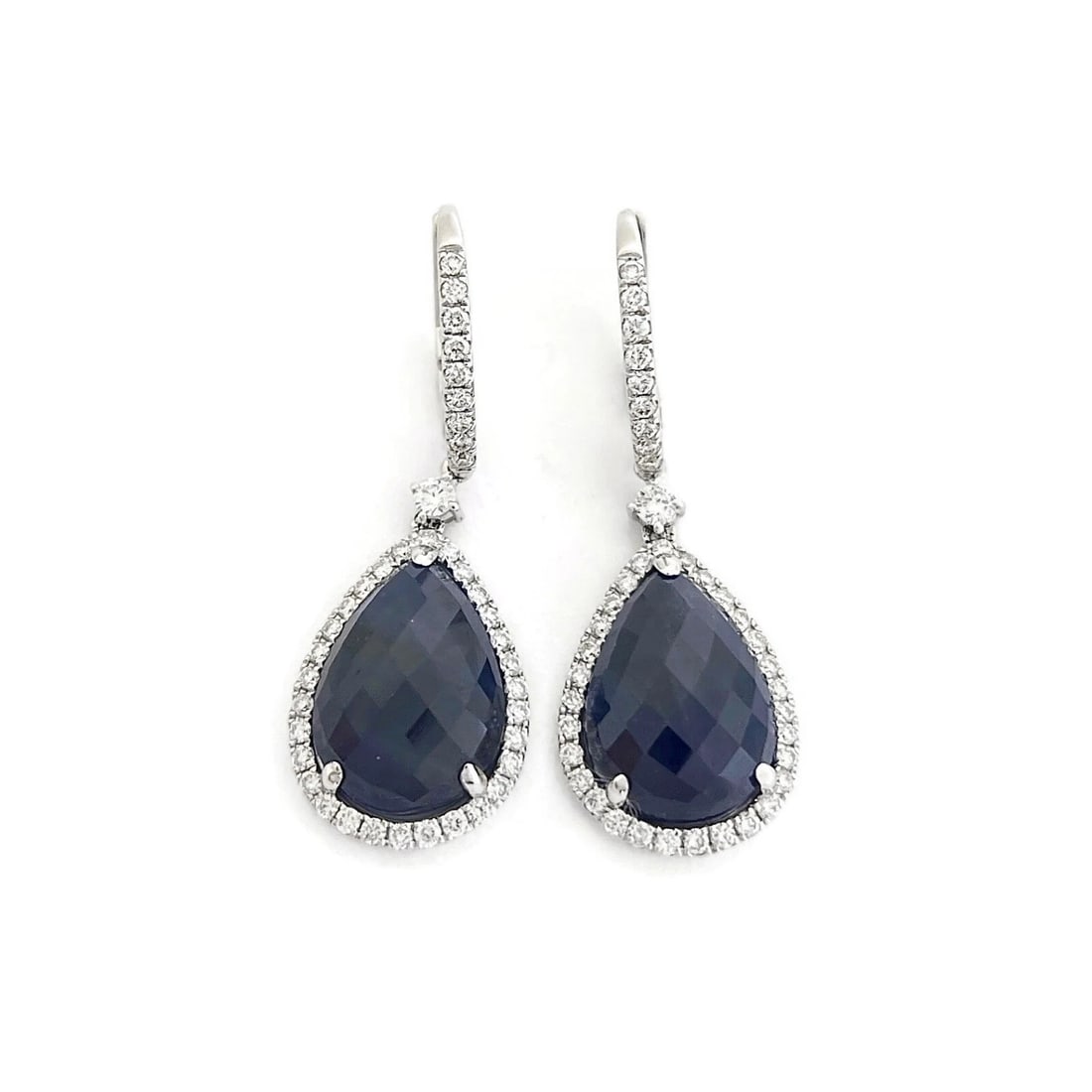Blue Sapphire Diamond Halo Teardrop Dangle Drop Earrings 18K White Gold 13.55 TW: Blue Sapphire Diamond Halo Teardrop Dangle Drop Earrings 18K White Gold 13.55 TW These are beautiful earrings! Please let us know if you have any questions. Gemstones: 2 pear blue sapphires 12.73 ctw 