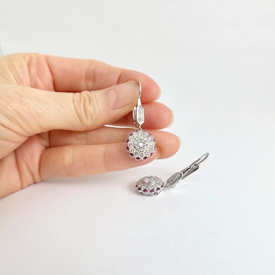 Round Bezel Diamond Ruby Halo Dangle Drop Earrings 18K White Gold, 3.92 CTW - 2
