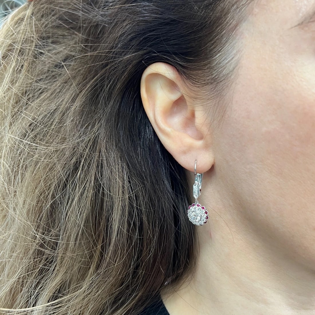 Round Bezel Diamond Ruby Halo Dangle Drop Earrings 18K White Gold, 3.92 CTW - 3