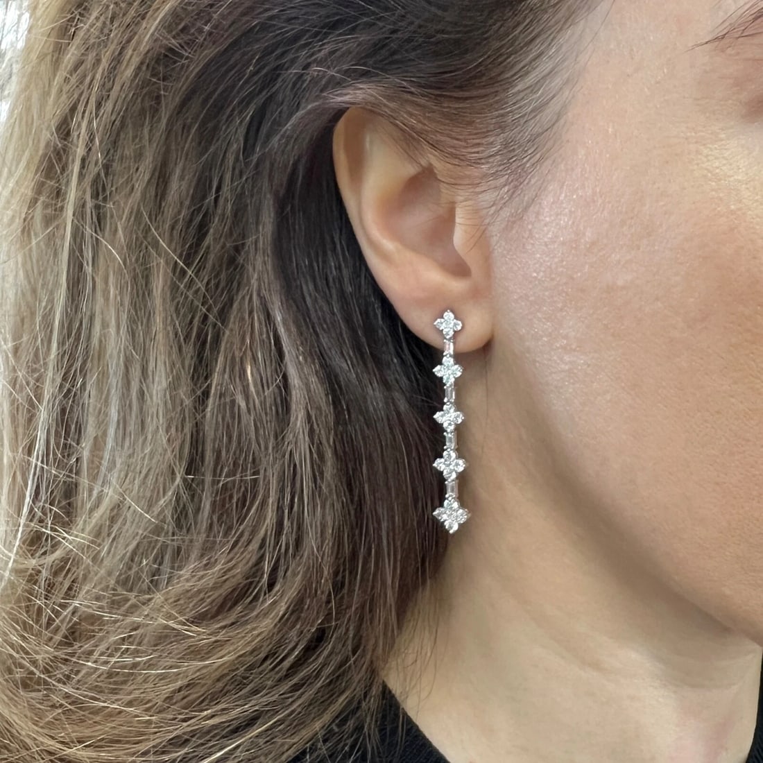 Cluster Baguette Diamond Linear Dangle Drop Earrings 18K White Gold, 3.75 CTW - 3