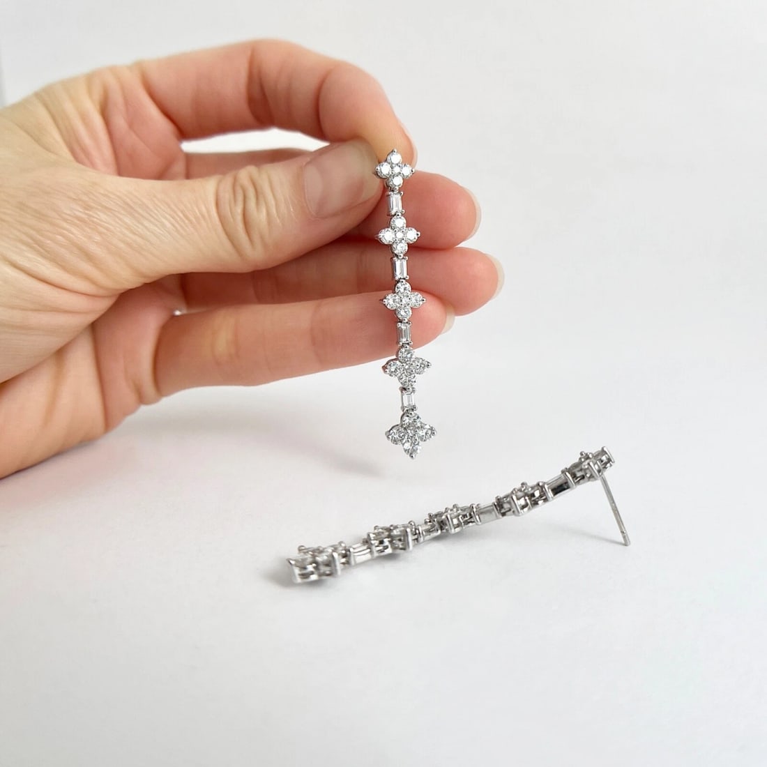 Cluster Baguette Diamond Linear Dangle Drop Earrings 18K White Gold, 3.75 CTW - 4