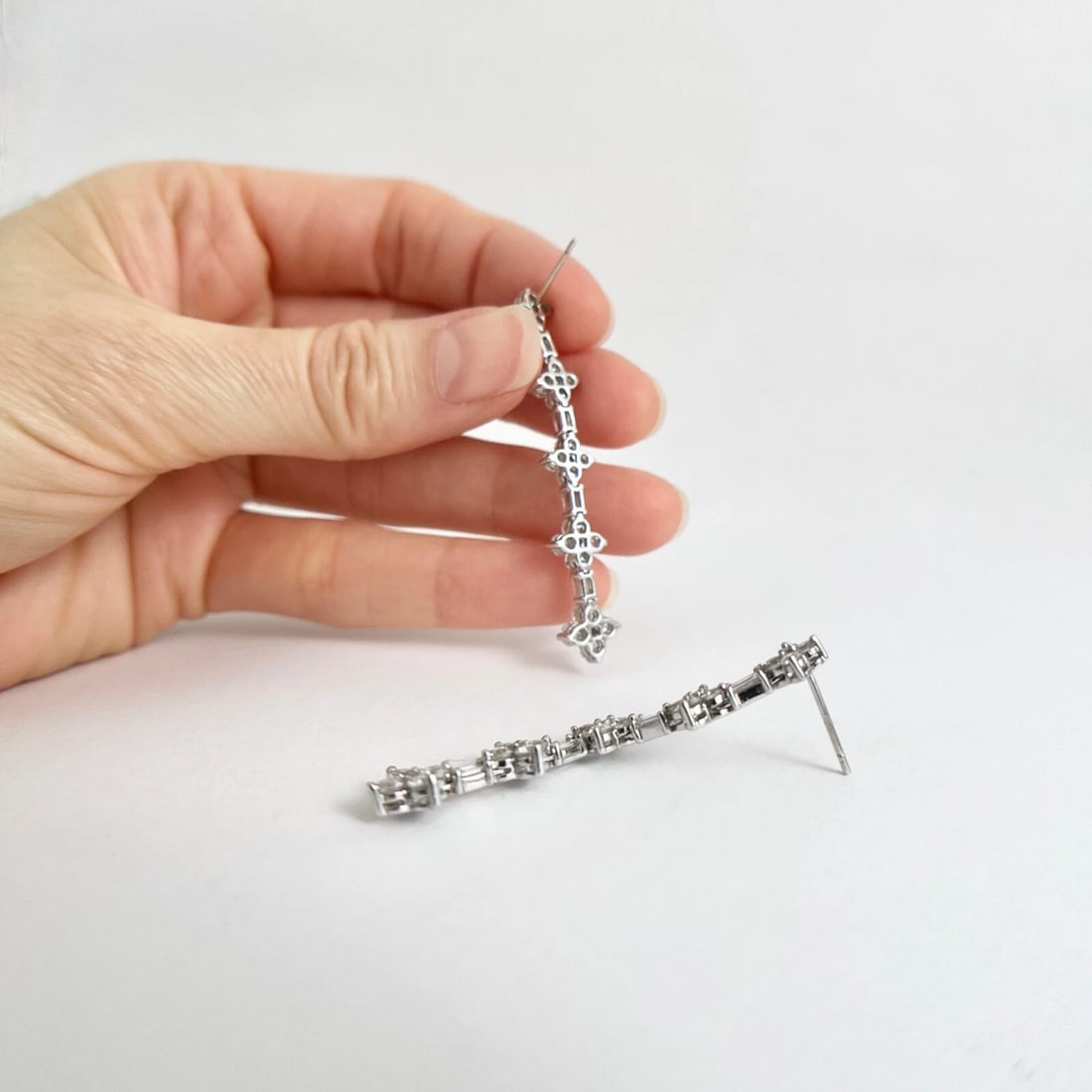 Cluster Baguette Diamond Linear Dangle Drop Earrings 18K White Gold, 3.75 CTW - 6