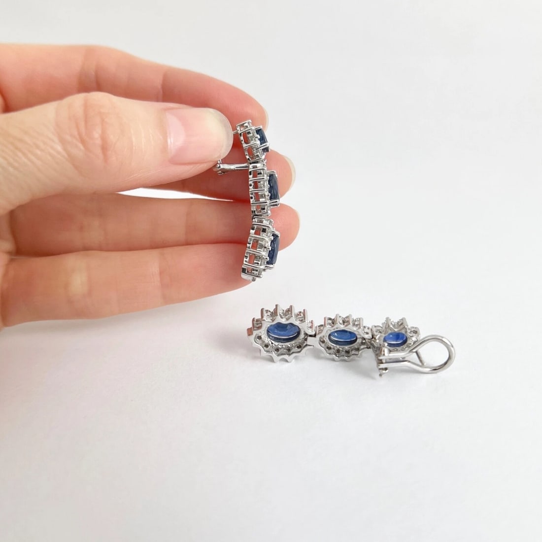 Oval Blue Sapphire Diamond Halo Dangle Drop Earrings 18K White Gold, 9.10 CTW - 5