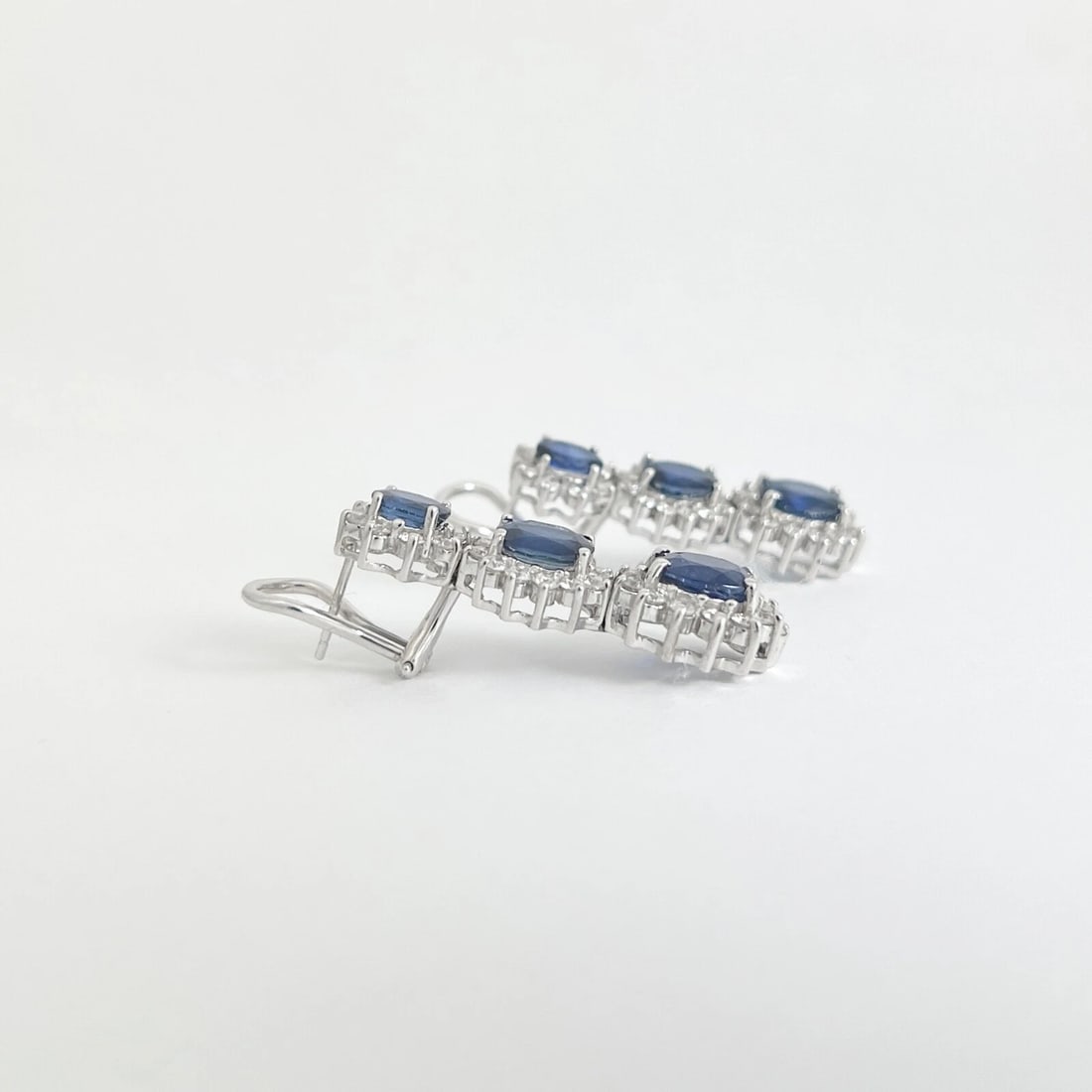 Oval Blue Sapphire Diamond Halo Dangle Drop Earrings 18K White Gold, 9.10 CTW - 6