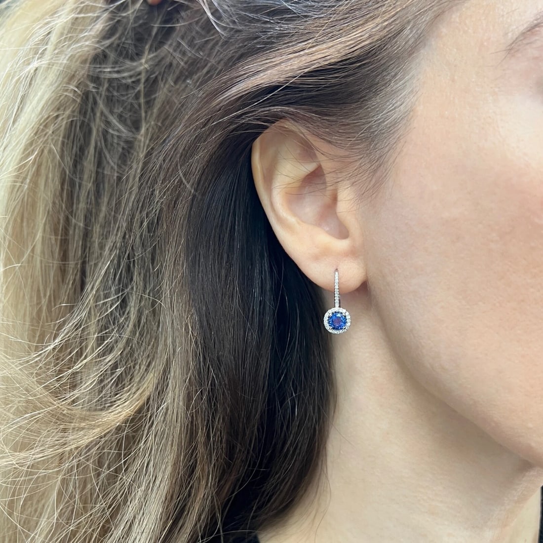 Round Blue Sapphire Diamond Halo Drop Earrings 18K White Gold, 2.05 CTW - 3
