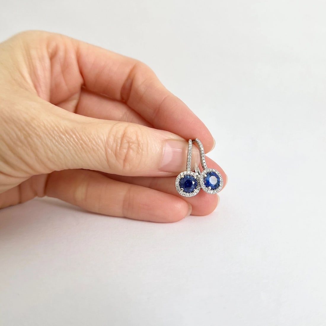 Round Blue Sapphire Diamond Halo Drop Earrings 18K White Gold, 2.05 CTW - 4