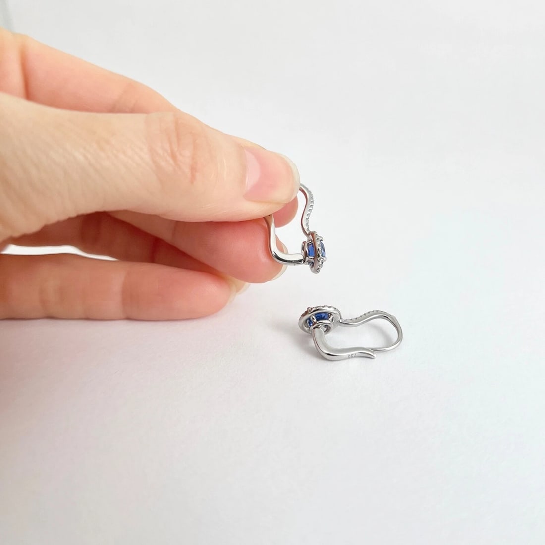 Round Blue Sapphire Diamond Halo Drop Earrings 18K White Gold, 2.05 CTW - 5