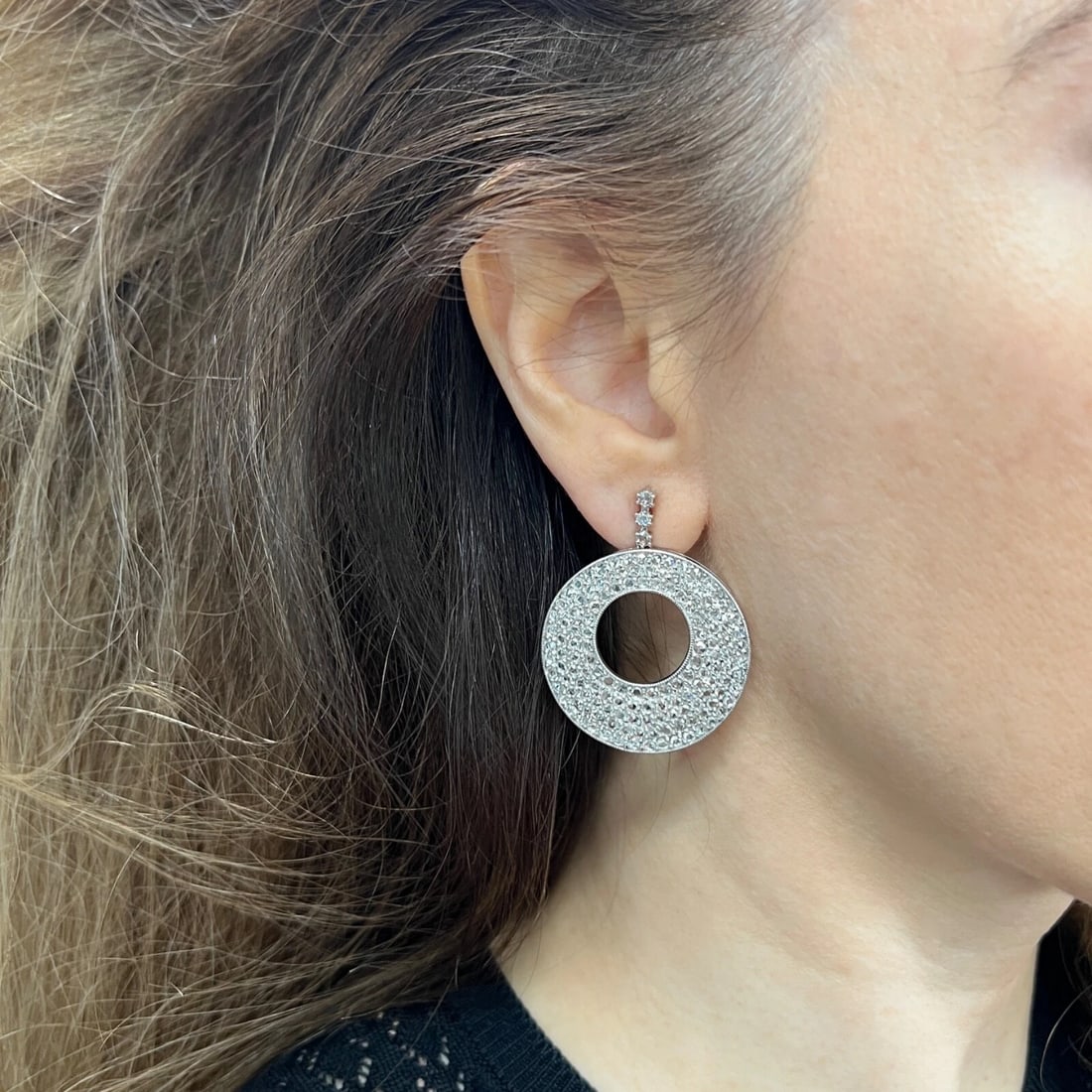 Pave Rose Cut Diamond Circle Dangle Drop Earrings 18K White Gold, 6.12 CTW - 3