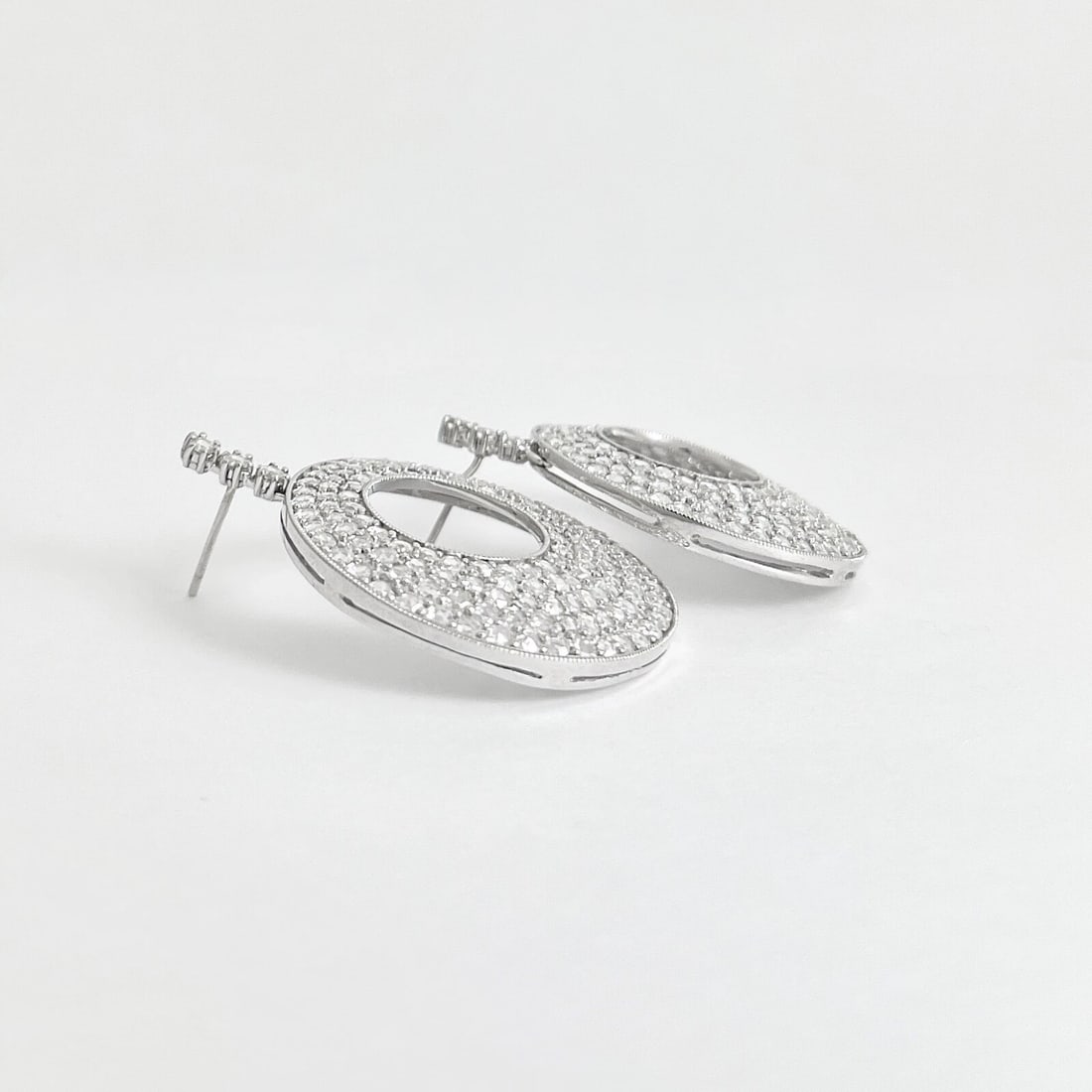 Pave Rose Cut Diamond Circle Dangle Drop Earrings 18K White Gold, 6.12 CTW - 6