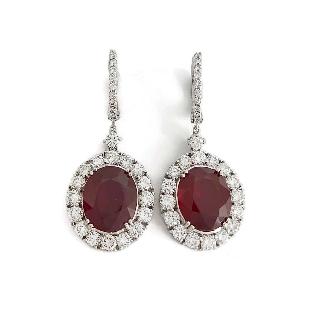 Oval Ruby Diamond Halo Dangle Drop Earrings 14K White Gold, 21.57 CTW: Oval Ruby Diamond Halo Dangle Drop Earrings 14K White Gold, 21.57 CTW These are beautiful earrings! Please let us know if you have any questions. Gemstones: 2 oval rubies 17.68 ctw Diamonds: 52 round 