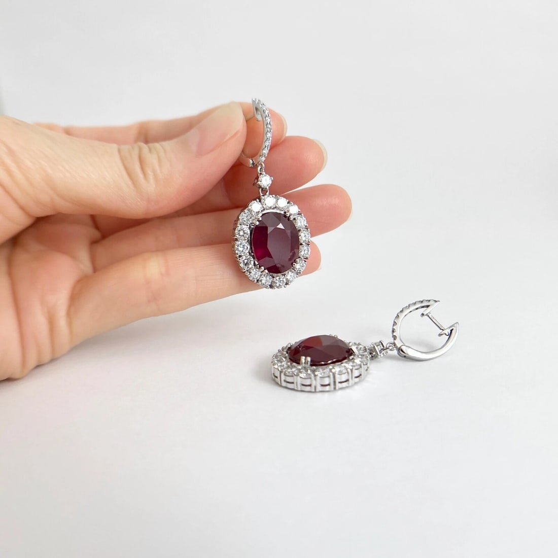 Oval Ruby Diamond Halo Dangle Drop Earrings 14K White Gold, 21.57 CTW - 2