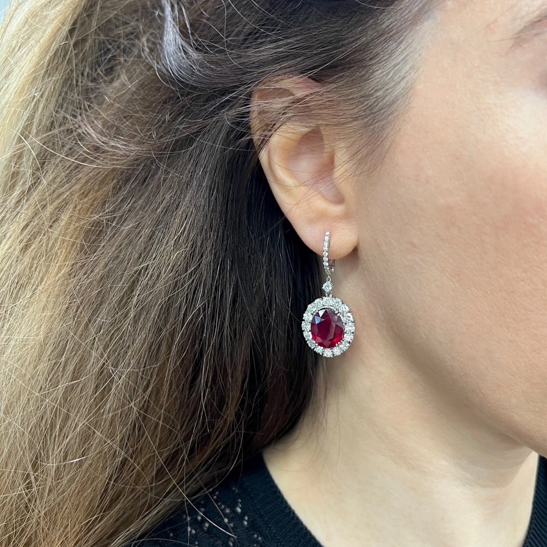 Oval Ruby Diamond Halo Dangle Drop Earrings 14K White Gold, 21.57 CTW - 3
