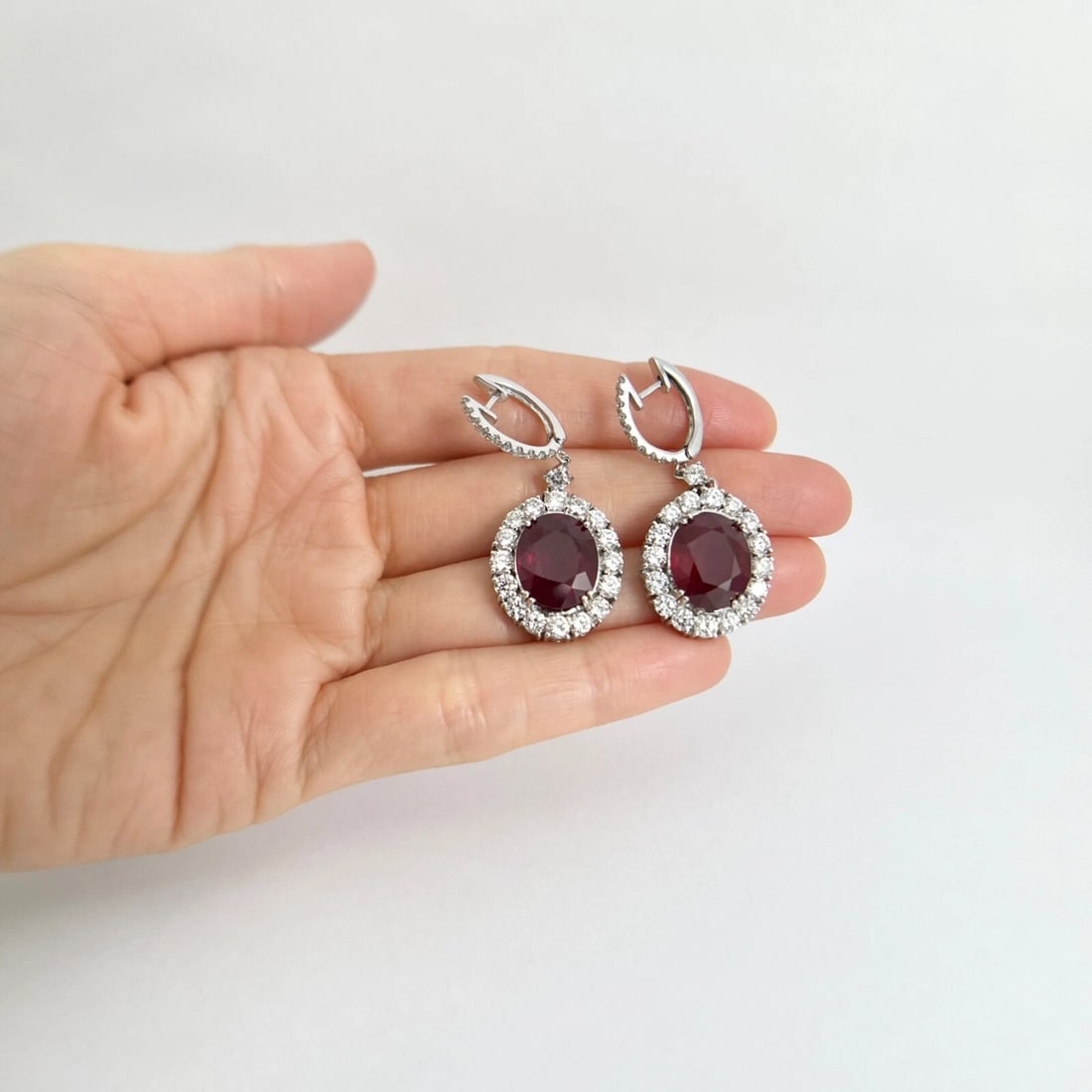 Oval Ruby Diamond Halo Dangle Drop Earrings 14K White Gold, 21.57 CTW - 4