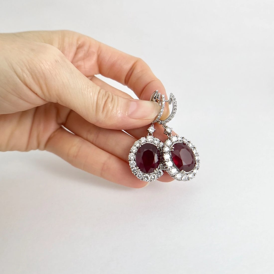 Oval Ruby Diamond Halo Dangle Drop Earrings 14K White Gold, 21.57 CTW - 5