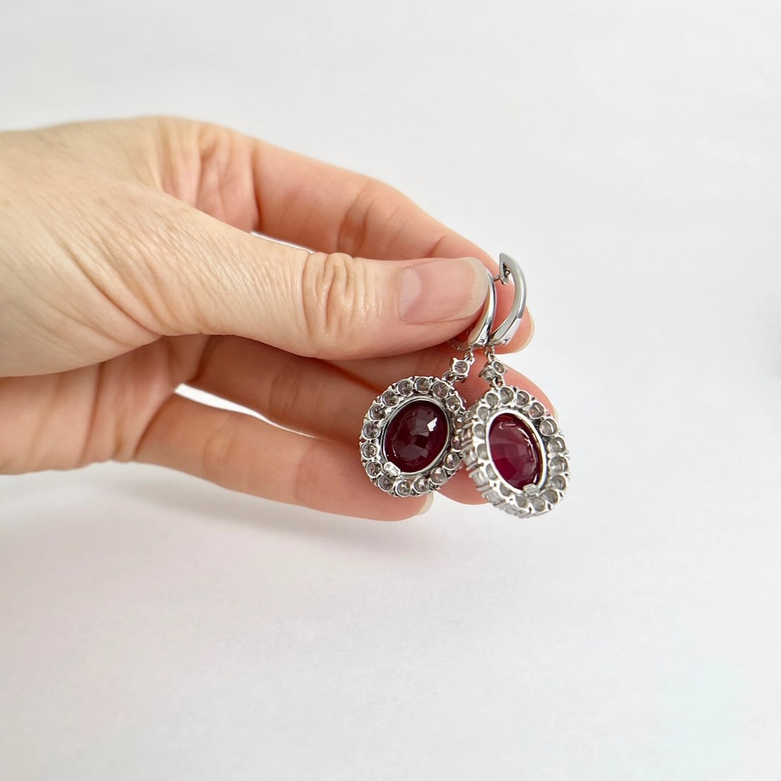 Oval Ruby Diamond Halo Dangle Drop Earrings 14K White Gold, 21.57 CTW - 6