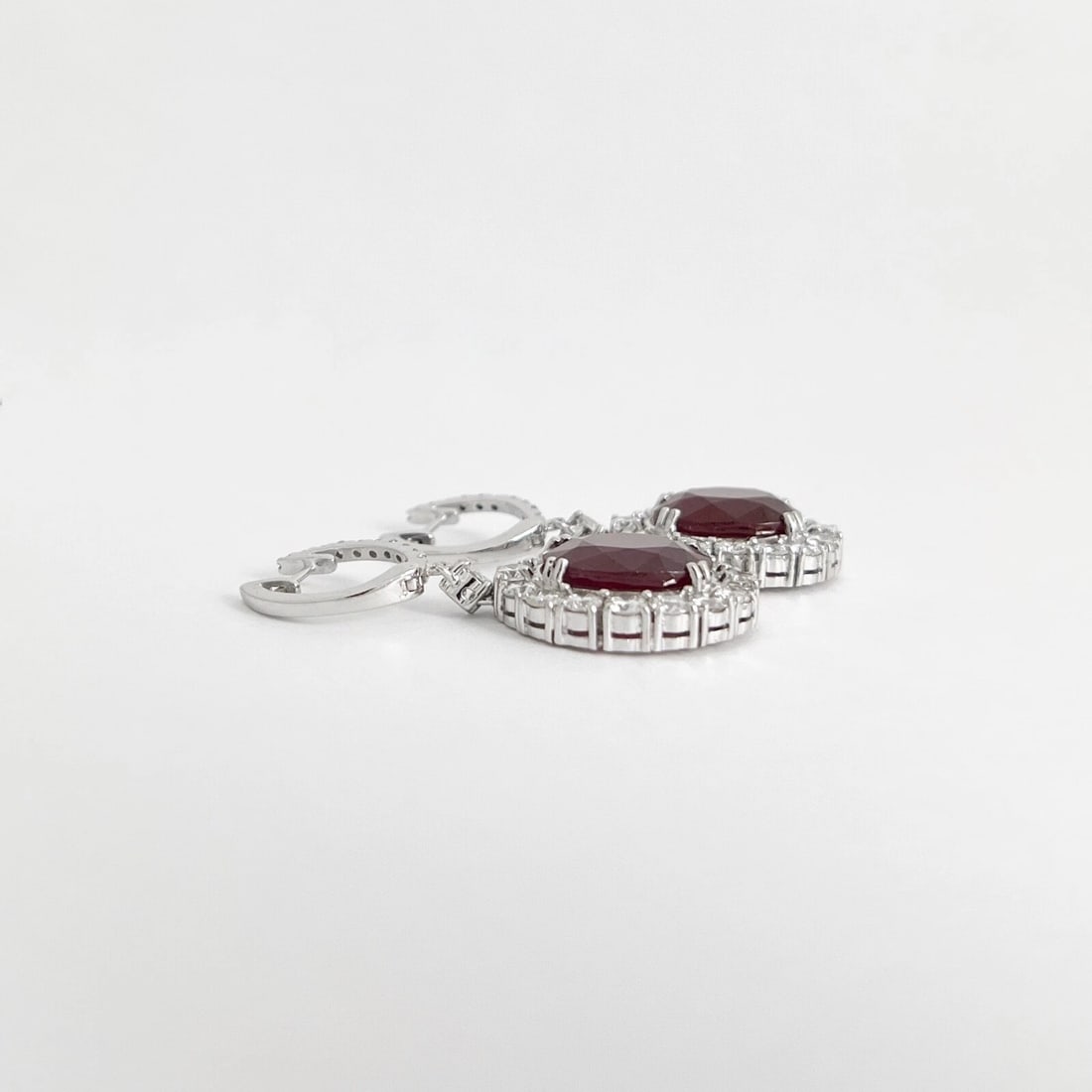 Oval Ruby Diamond Halo Dangle Drop Earrings 14K White Gold, 21.57 CTW - 7