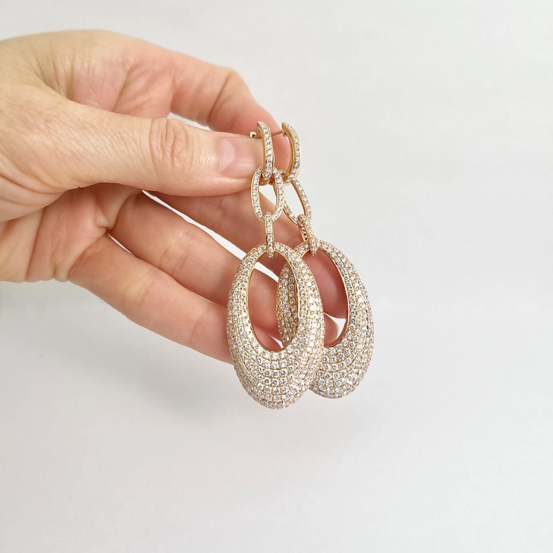 Pave Diamond Hanging Oval Dangle Drop Earrings 18K Pink Rose Gold 7.52 CTW - 2