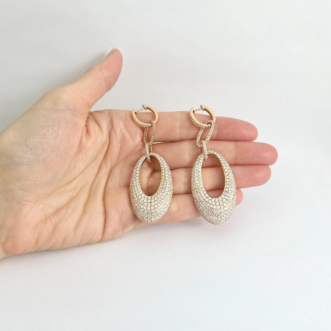 Pave Diamond Hanging Oval Dangle Drop Earrings 18K Pink Rose Gold 7.52 CTW - 4