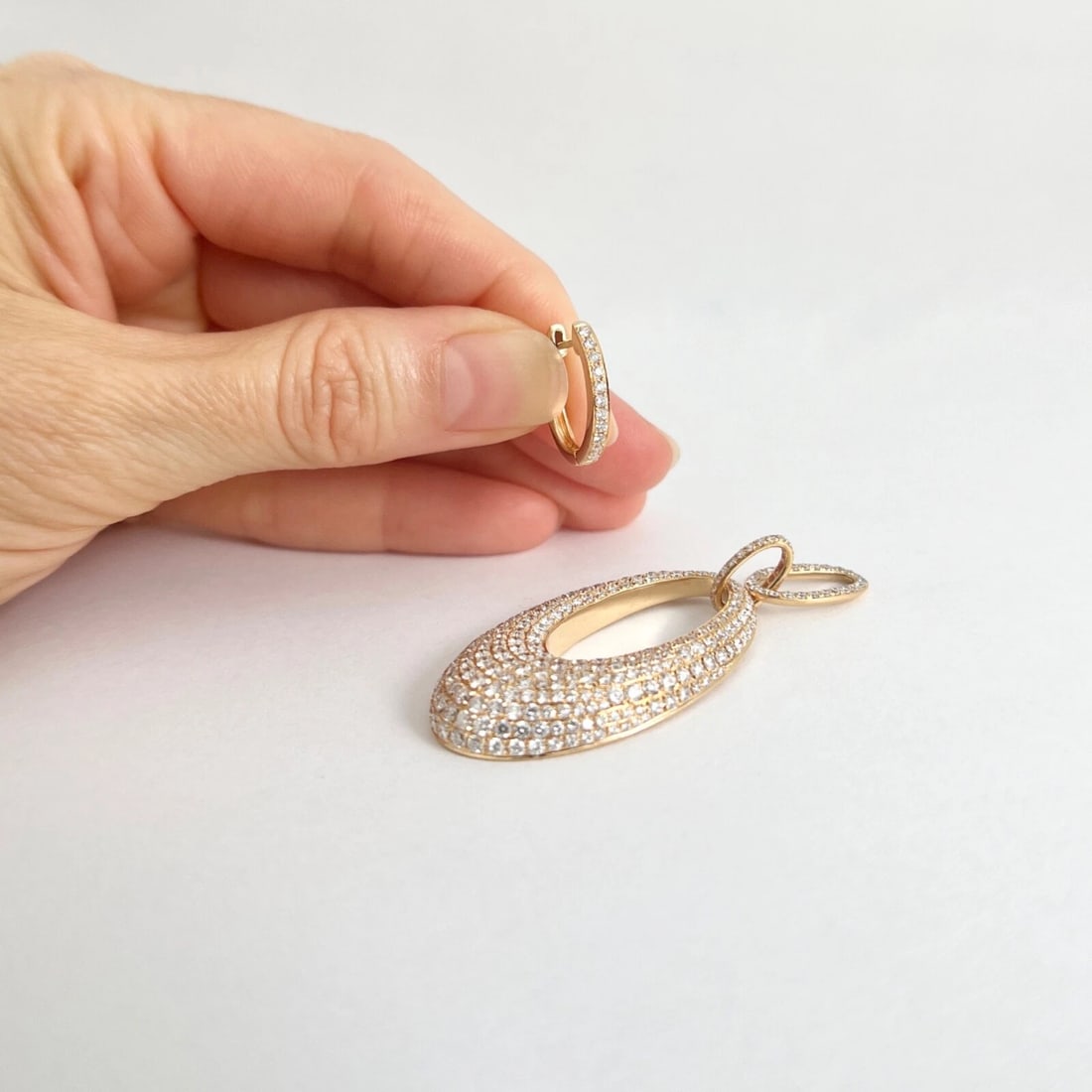 Pave Diamond Hanging Oval Dangle Drop Earrings 18K Pink Rose Gold 7.52 CTW - 5