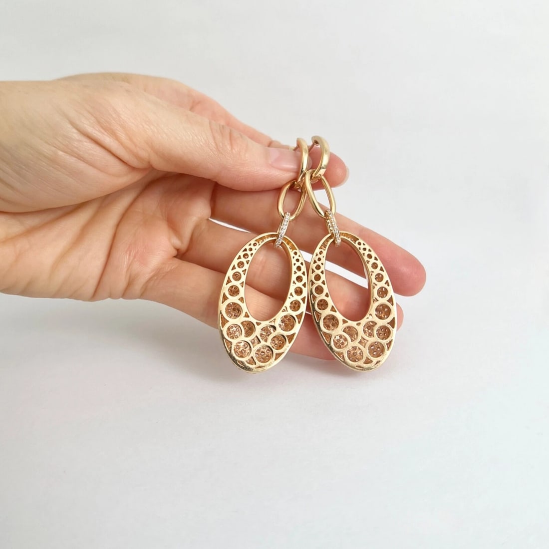 Pave Diamond Hanging Oval Dangle Drop Earrings 18K Pink Rose Gold 7.52 CTW - 6