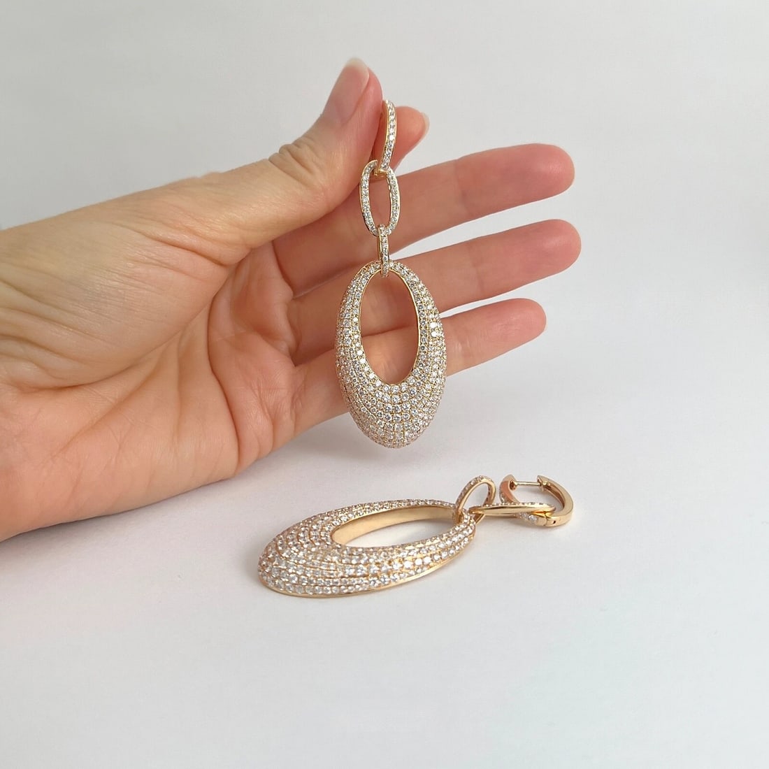 Pave Diamond Hanging Oval Dangle Drop Earrings 18K Pink Rose Gold 7.52 CTW - 7